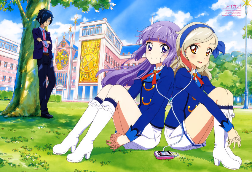 10s, 1boy, 2girls, absurdres, against_tree, aiguillette, aikatsu!, aikatsu!_(series)