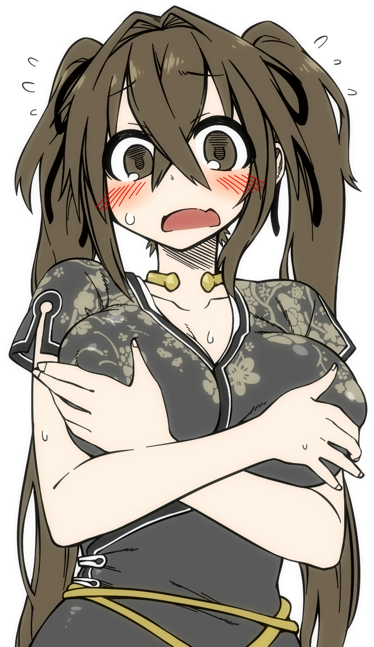 1girl, blush, breast_hold, breasts, brown_eyes, brown_hair, cosplay, d:, female_focus, flying_sweatdrops, hair_intakes, highres, kanayama_nao, large_breasts, long_hair, looking_at_viewer, mabinogi, name_connection, nao_(cosplay), nao_(mabinogi), nao_(mabinogi)_(cosplay), open_mouth, original, player_character_(mabinogi), shy, sketch, solo, twintails, yoshida_hideyuki