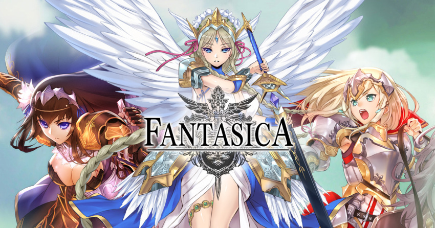 3girls, armor, blonde_hair, blue_eyes, braid, braided_ponytail, breasts, brown_hair