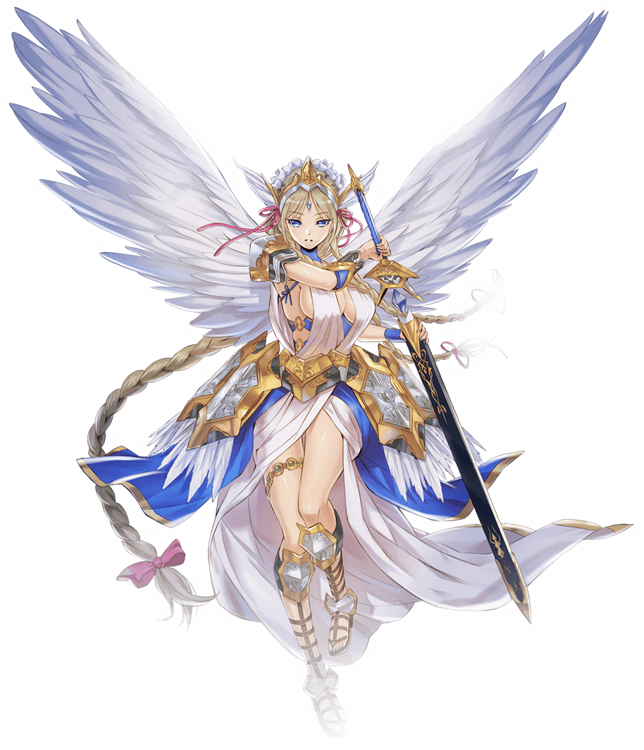 1girl, artist_request, blonde_hair, blue_eyes, braid, braided_ponytail, breasts, cleavage, fantasica, feathers, head_wings, long_hair, medium_breasts, multiple_braids, outline, ribbon, scabbard, sheath, side_braid, sideboob, sword, transparent_background, unsheathing, valkyrie, very_long_hair, warrior, weapon, white_outline, wings