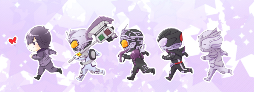 1boy, artist_request, axe, belt, black_hair, bug, butterfly, chase_(kamen_rider_drive), highres, kamen_rider, kamen_rider_chaser, kamen_rider_drive_(series), lineup, mashin_chaser, proto_drive, proto_zero, short_hair, spoilers, weapon