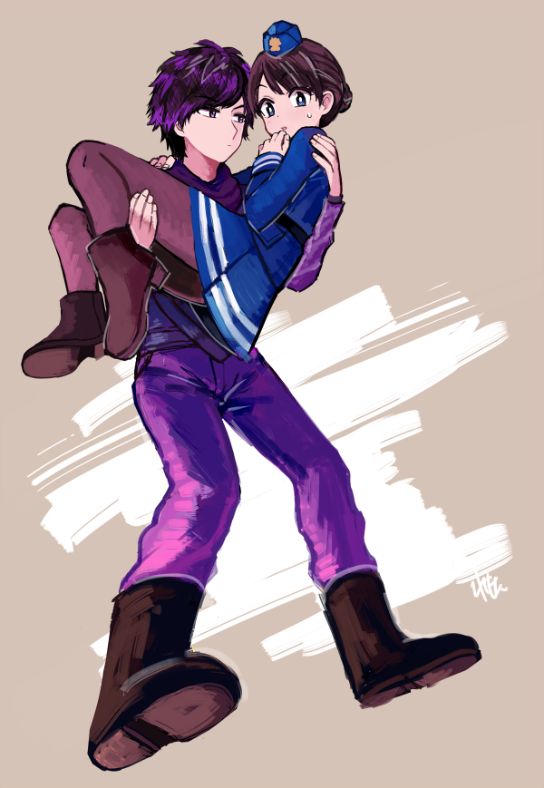 1boy, 1girl, bad_id, bad_pixiv_id, black_hair, carrying, chase_(kamen_rider_drive), hat