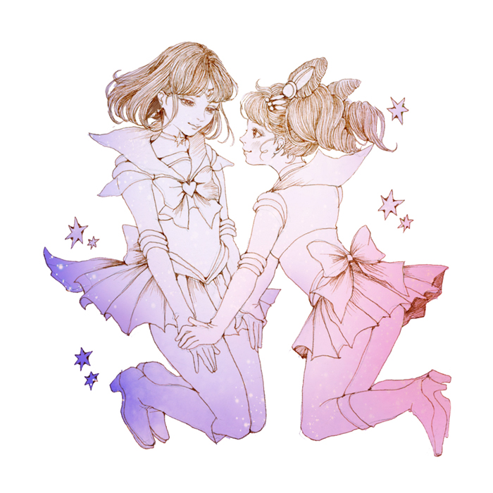 1990s_(style), 2girls, aco_(usausausa), bishoujo_senshi_sailor_moon, bishoujo_senshi_sailor_moon_s, boots, bow, bowtie