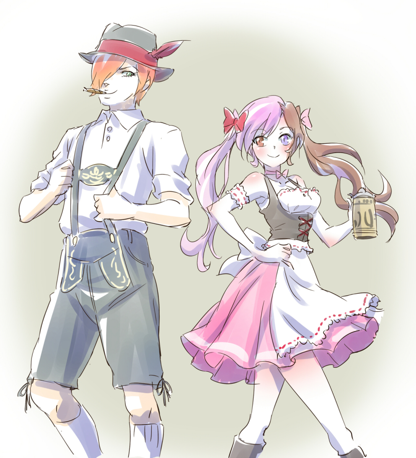 1boy, 1girl, alcohol, alternate_costume, alternate_hairstyle, apron, bare_shoulders, beer