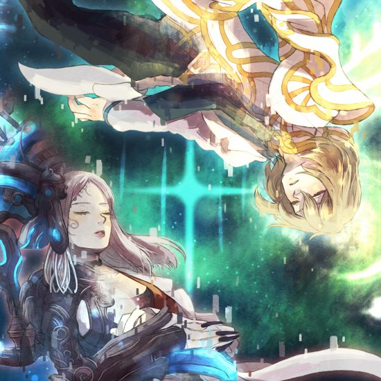 1boy, 1girl, bad_id, bad_pixiv_id, blonde_hair, cyborg, dual_persona, floating