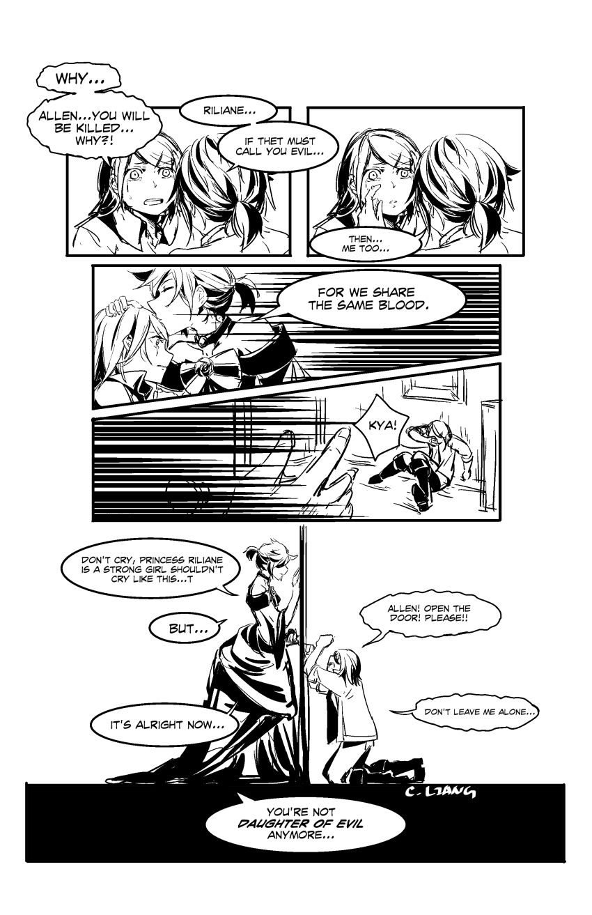 1boy, 1girl, absurdres, aku_no_meshitsukai_(vocaloid), aku_no_musume_(vocaloid), allen_avadonia, begging, brother_and_sister, cecilia_liang, choker, comic, crossdressing, dress, english_text, evillious_nendaiki, closed_eyes, kissing_forehead, greyscale, hair_ornament, hairclip, hetero, highres, kagamine_len, kagamine_rin, kiss, monochrome, off_shoulder, ponytail, riliane_lucifen_d'autriche, short_hair, siblings, twins, typo, vocaloid