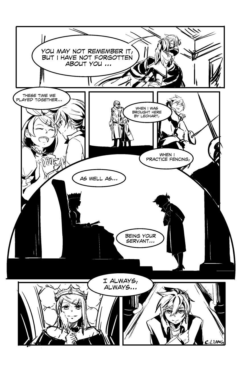 1girl, 2boys, absurdres, aku_no_meshitsukai_(vocaloid), aku_no_musume_(vocaloid), allen_avadonia, brother_and_sister, cecilia_liang, choker, comic, crossdressing, crown, english_text, evillious_nendaiki, closed_eyes, hand_fan, folding_fan, greyscale, hair_ornament, hairclip, holding_hands, hand_on_own_chest, highres, hug, jacket, kagamine_len, kagamine_rin, leon_(vocaloid), monochrome, multiple_boys, off_shoulder, ponytail, riliane_lucifen_d'autriche, short_hair, siblings, sitting, smile, throne, twins, typo, vocaloid