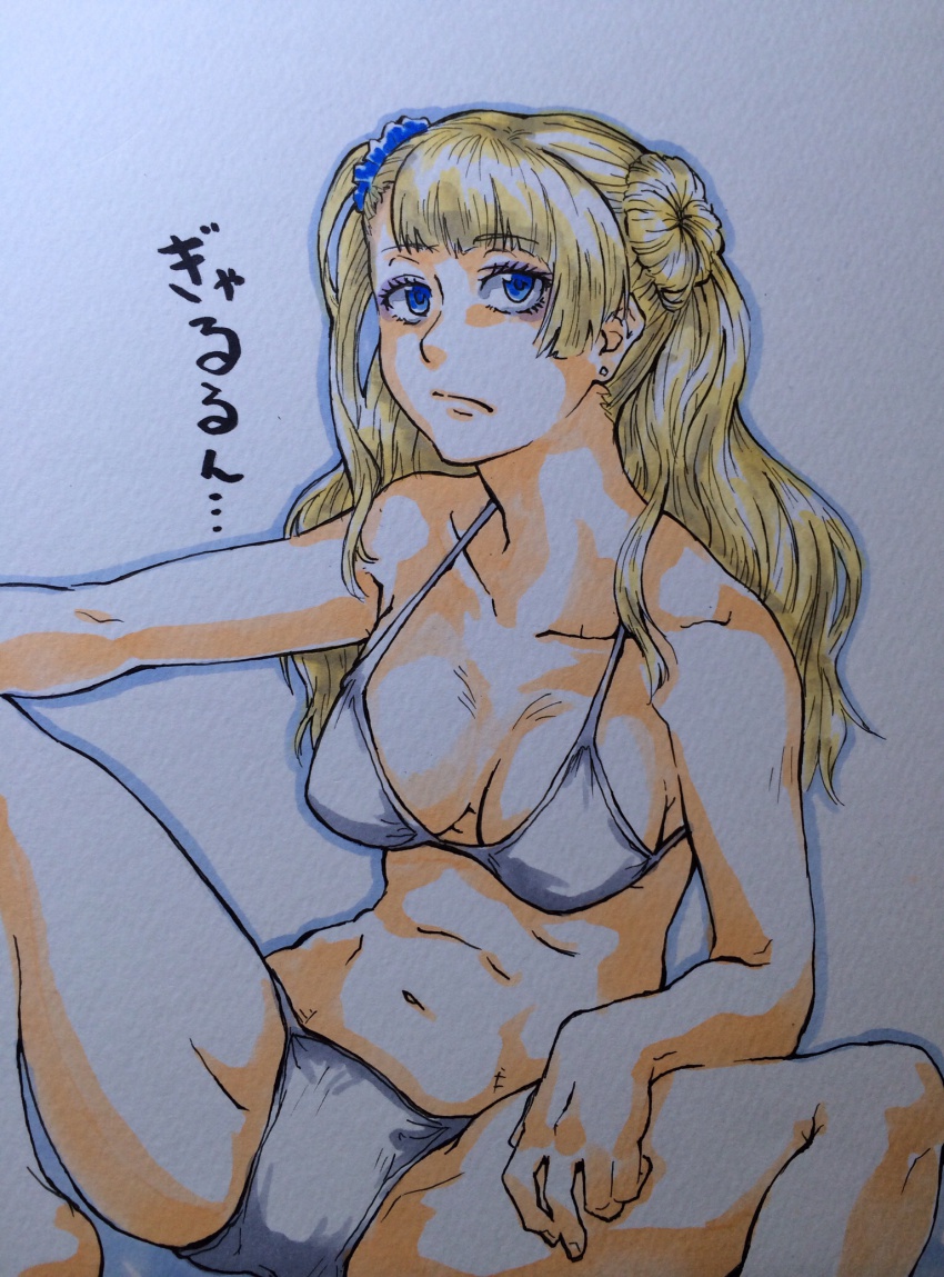 10s, 1girl, asymmetrical_hair, bikini, blue_eyes, breasts, chou_haijin_chiyo, female_focus, galko, hair_bun, highres, long_hair, navel, one_side_up, oshiete!_galko-chan, painting_(medium), scan, scrunchie, side_bun, single_side_bun, sitting, solo, swimsuit, t-chiyo, traditional_media, translation_request, watercolor_(medium), white_bikini