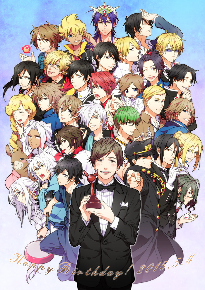 00s, 10s, 2015, 6+boys, air_(visual_novel), ao_no_exorcist, arthur_auguste_angel, barakamon, battle_spirits, battle_spirits:_brave, battle_spirits:_shounen_gekiha_dan, black_hair, blue_hair, bow, bowtie, brown_hair, crow_(nichijou), dated, densetsu_no_yuusha_no_densetsu, durarara!!, english_text, erwin_smith, fang, final_fantasy, final_fantasy_type-0, giant_killing, gradient_background, green_hair, grin, gugure!_kokkuri-san, gundam, gundam_age, hades_(kamigami_no_asobi), hanase_kaoru, handa_seishuu, happy_birthday, heiwajima_shizuo, hosaka_(minami-ke), jojo_no_kimyou_na_bouken, k-project, kamigami_no_asobi, koizumi_itsuki, kokkuri-san_(gugukoku), kunisaki_yukito, kuroko_no_basuke, kuroshitsuji, kuujou_joutarou, llama_(shirokuma_cafe), lucky_star, magi_the_labyrinth_of_magic, male_focus, midorima_shintarou, minami-ke, monochrome_factor, multiple_boys, nichijou, nikaido_akira, nine_(fft-0), ono_daisuke, pointing, pointing_at_viewer, real_life, ryouji_(dnpj), satou_jun, sebastian_michaelis, shingeki_no_kyojin, shirokuma_cafe, sinbad_(magi), sion_astal, smile, starry_sky_(game), sumeragi_kira, suzumiya_haruhi_no_yuuutsu, tamako_market, tongue, tongue_out, touzuki_suzuya, trophy, tuxedo, umineko_no_naku_koro_ni, ushiromiya_battler, uta_no_prince-sama, voice_actor, voice_actor_connection, voice_actor_tribute, white_hair, woolf_enneacle, working!!, yatogami_kurou, yoshida_luigi