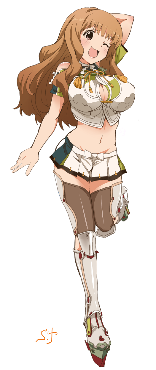 1girl, arm_up, blush, breasts, brown_eyes, brown_hair, cleavage, cleavage_cutout, clothing_cutout, cosplay, female_focus, full_body, hair_ornament, highres, idolmaster, idolmaster_cinderella_girls, kantai_collection, large_breasts, long_hair, looking_at_viewer, midriff, moroboshi_kirari, navel, one_eye_closed, open_mouth, shift_(waage), simple_background, skirt, smile, solo, standing, thighhighs, unryuu_(kancolle), unryuu_(kancolle)_(cosplay)