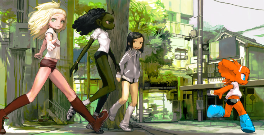 4girls, blonde_hair, building, buruma, city, cityscape, cloud, colored_skin, dark_skin, dark-skinned_female, green_eyes, green_skin, gym_uniform, house, kawaguchi_youhei, multiple_girls, original, outdoors, red_unknown, sky, tree, underwear