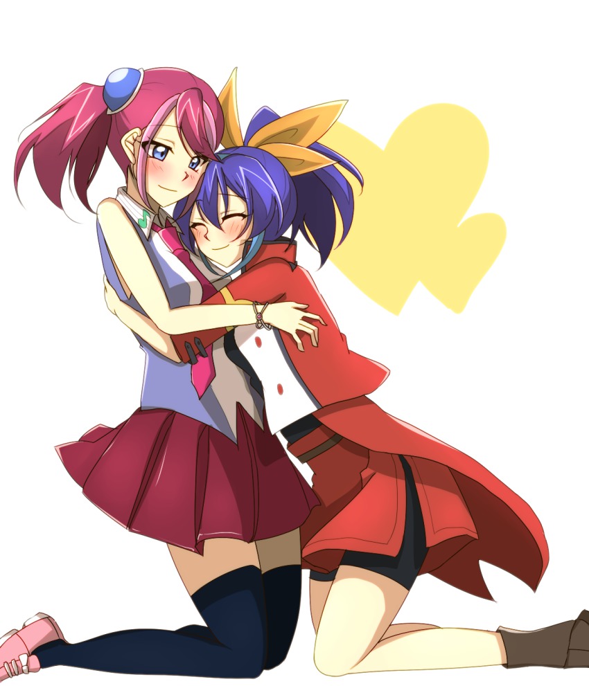 2girls, bad_id, black_legwear, blush, bow, bracelet, bracelet_girls, hair_bow