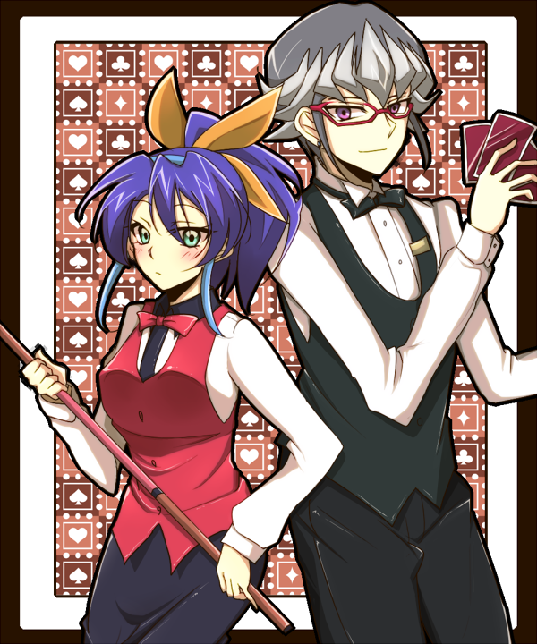 1boy, 1girl, akaba_reiji, alternate_costume, blush, bow, bowtie, card