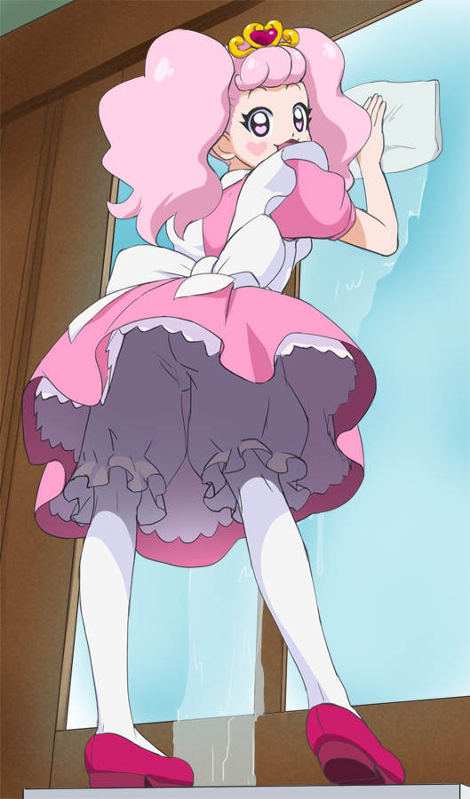 1girl, bloomers, female_focus, go!_princess_precure, haruyama_kazunori, heart, heart-shaped_pupils, looking_at_viewer, looking_back, maid, pantyhose, personification, pink_eyes, pink_hair, pink_skirt, precure, puff_(precure), puff_(precure)_(human), skirt, solo, symbol-shaped_pupils, twintails, underwear, upskirt, white_bloomers, white_pantyhose