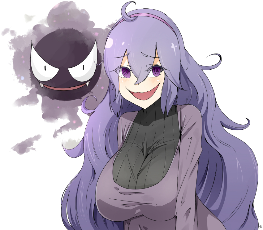 10s, 1girl, ahoge, alternate_breast_size_(larger), blush, breasts, crazy_eyes, female_focus, gastly, gen_1_pokemon, hairband, hex_maniac_(pokemon), hex_maniac_(pokemon_xy), highres, huge_breasts, large_breasts, long_hair, messy_hair, nintendo, npc_trainer, open_mouth, pale_skin, pokemon, pokemon_(creature), pokemon_x_and_y, purple_eyes, purple_hair, sente, sweater
