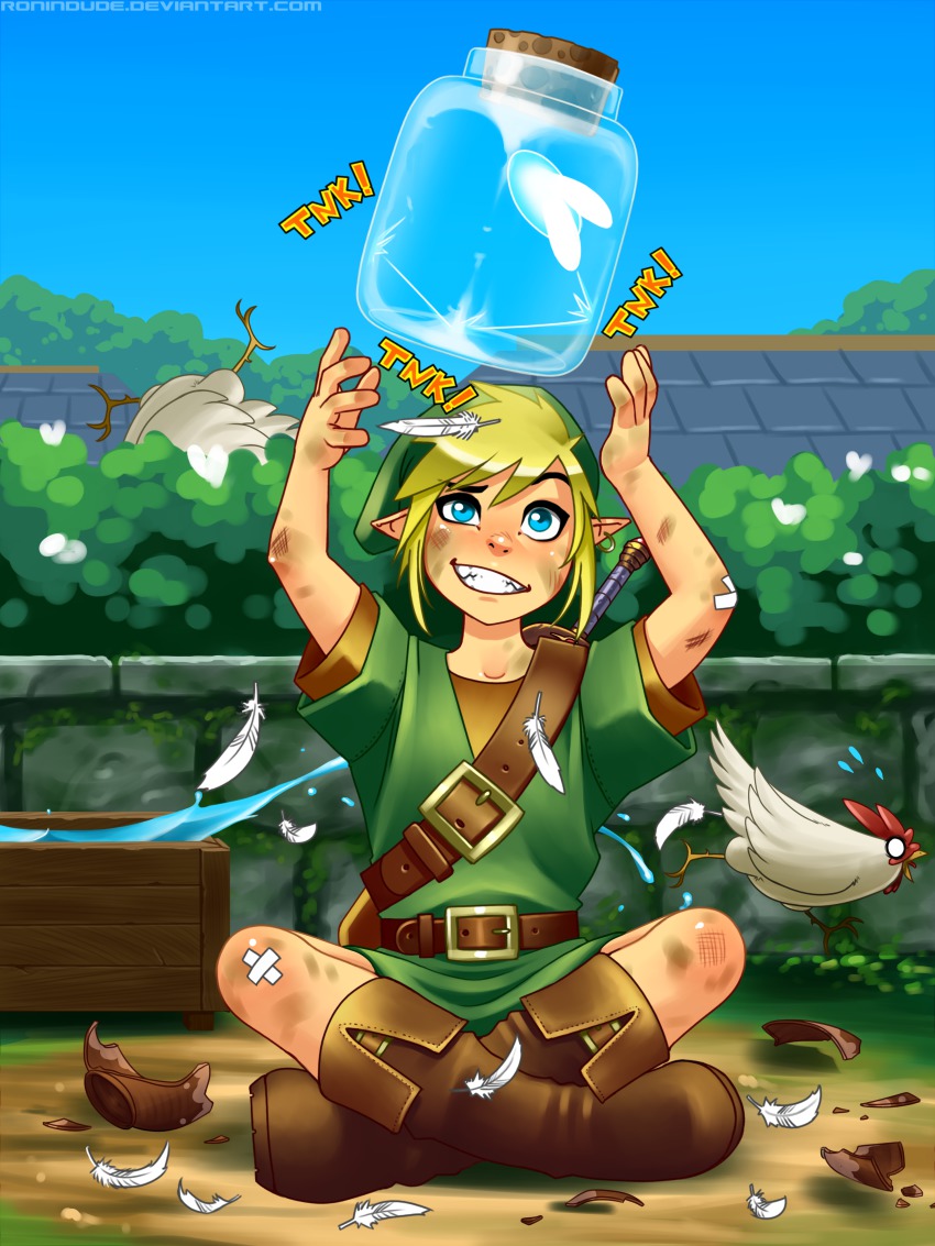 1boy, absurdres, bandages, belt, bird, blonde_hair, blue_eyes, blue_sky, boots, bottle, broken_pot, bush, chicken, cucco, dirty, fairy, feathers, hat, highres, injury, jar, link, multiple_bushes, nintendo, pointy_ears, ronindude, sitting, sky, smile, solo_focus, strap, sword, teeth, the_legend_of_zelda, weapon, young_link