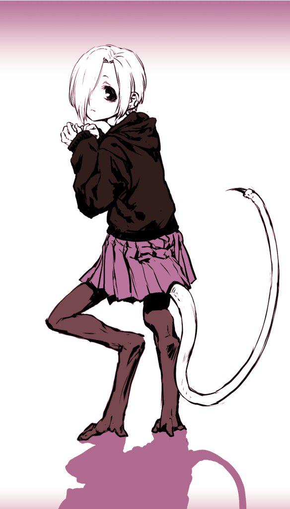 1girl, barefoot, digitigrade, dokuromaru, dren, ear_piercing, female_focus, full_body, hair_over_one_eye, hood, hoodie, idolmaster, idolmaster_cinderella_girls, looking_back, monster_girl, parody, piercing, shirasaka_koume, skirt, solo, splice, tail