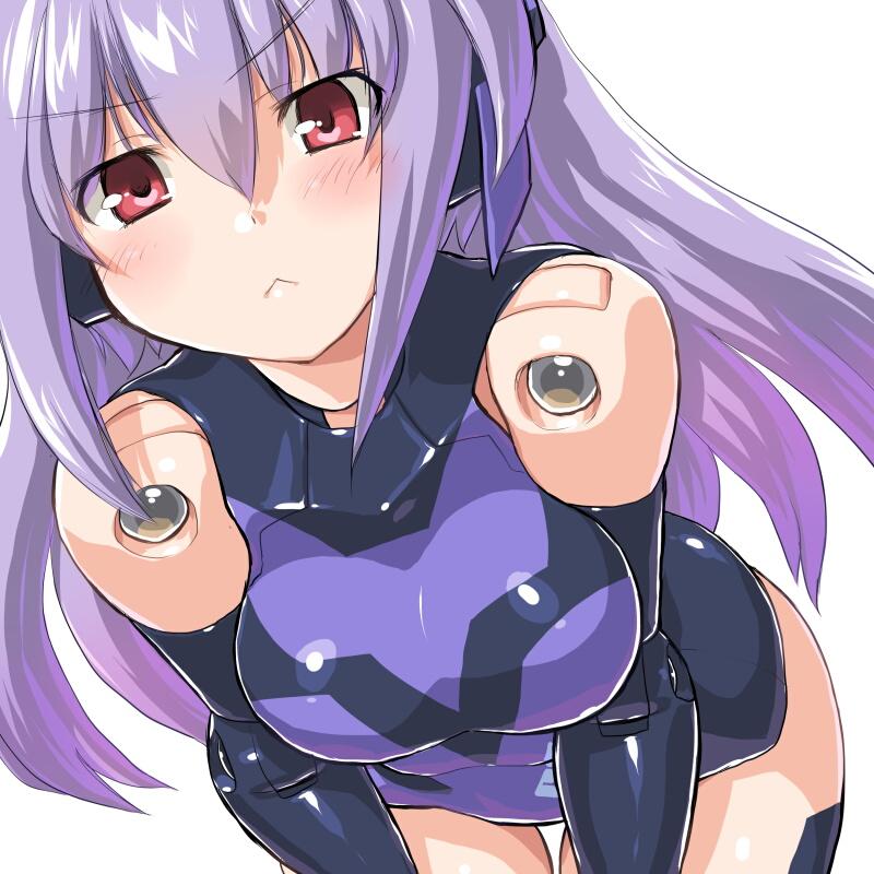 >:<, 1girl, :<, arnval_mk2, arnval_mk2_tempesta, bad_id, bad_twitter_id, bare_shoulders, bent_over, blush, breasts, busou_shinki, closed_mouth, cosplay, cowboy_shot, dd_(ijigendd), doll_joints, dutch_angle, elbow_gloves, female_focus, frown, gloves, hair_between_eyes, hair_down, headgear, joints, leotard, long_hair, looking_at_viewer, plastic_memories, purple_hair, red_eyes, shiny_clothes, simple_background, solo, tempesta, thigh_gap, thighhighs, v-shaped_eyebrows, very_long_hair, white_background