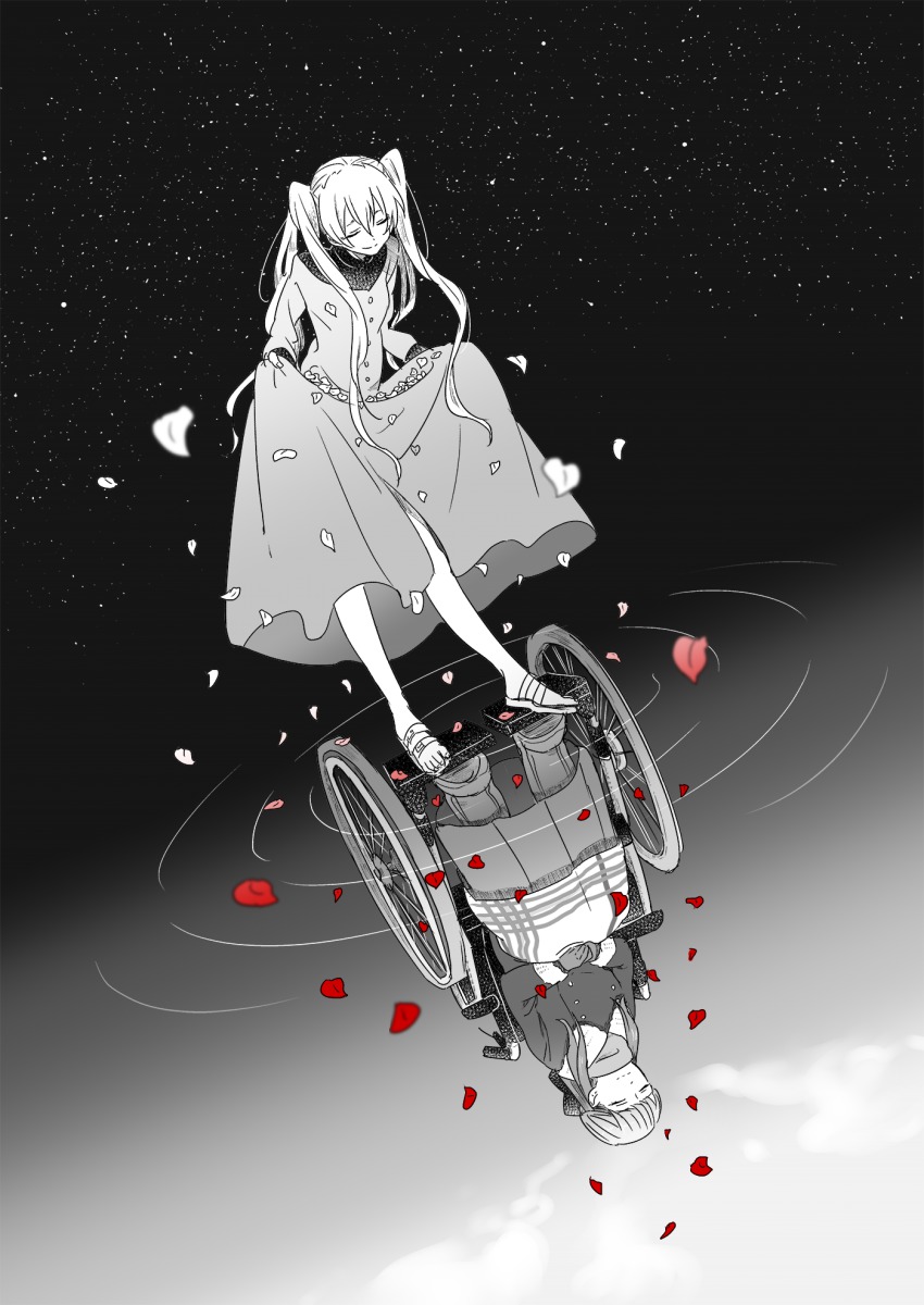 2girls, closed_eyes, different_reflection, dress, highres, inoue_(inouetoto), kekkai_sensen, long_hair, michella_watch, multiple_girls, petals, reflected_worlds, reflection, sky, star_(sky), starry_sky, twintails, wheelchair, white_(kekkai_sensen)