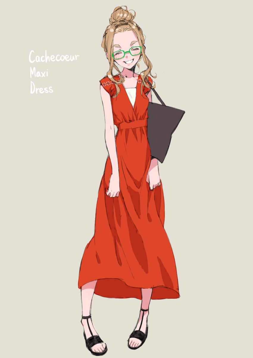 1girl, bag, black_bag, black_sandals, borrowed_character, brown_hair, closed_eyes, dekomegane