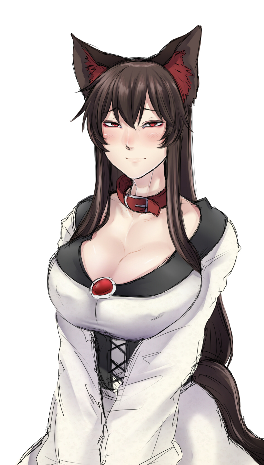 1girl, animal_ears, blush, breasts, brooch, brown_hair, cleavage, collar