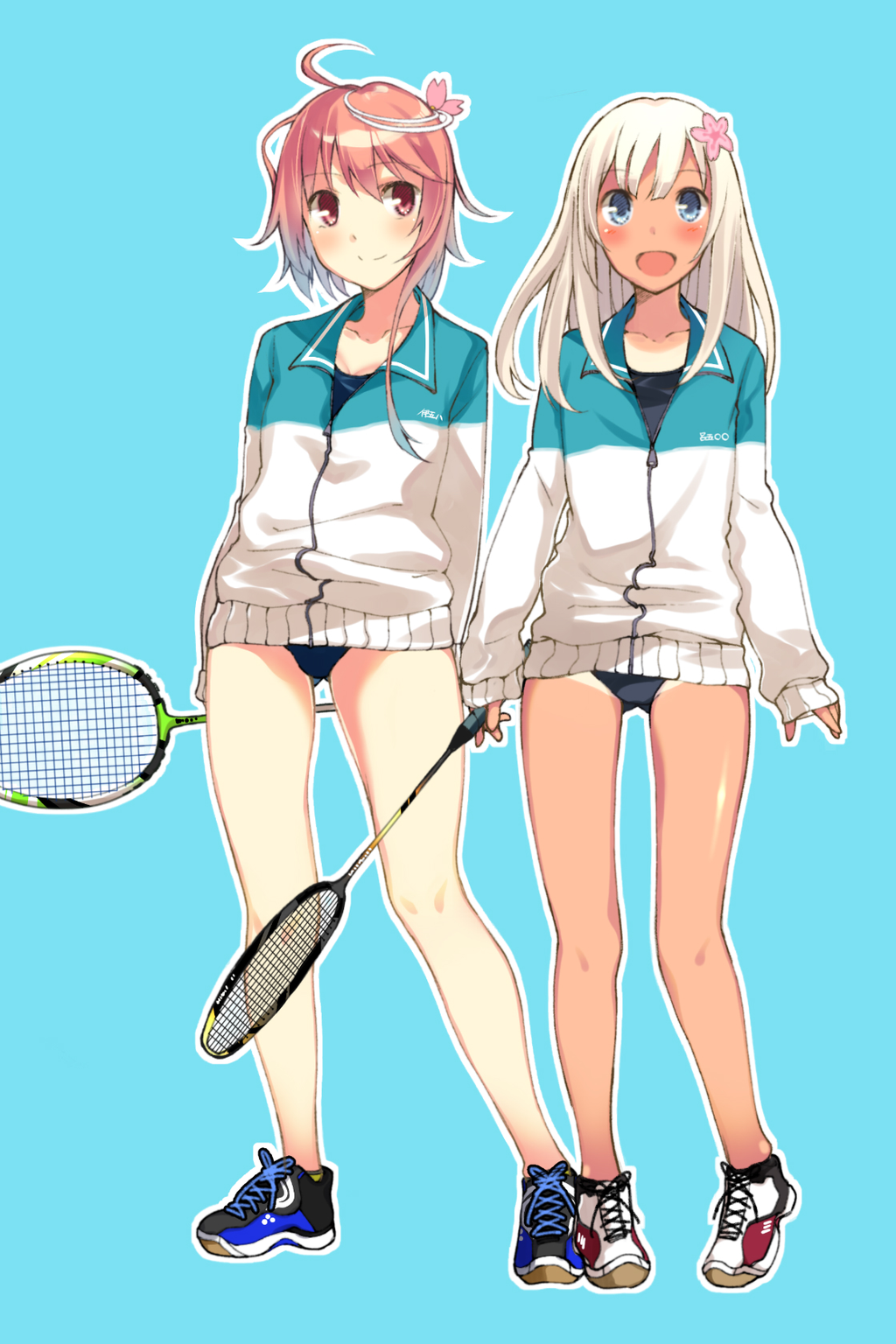 10s, 2girls, :d, ahoge, aqua_background, badminton_racket, bare_legs, blonde_hair