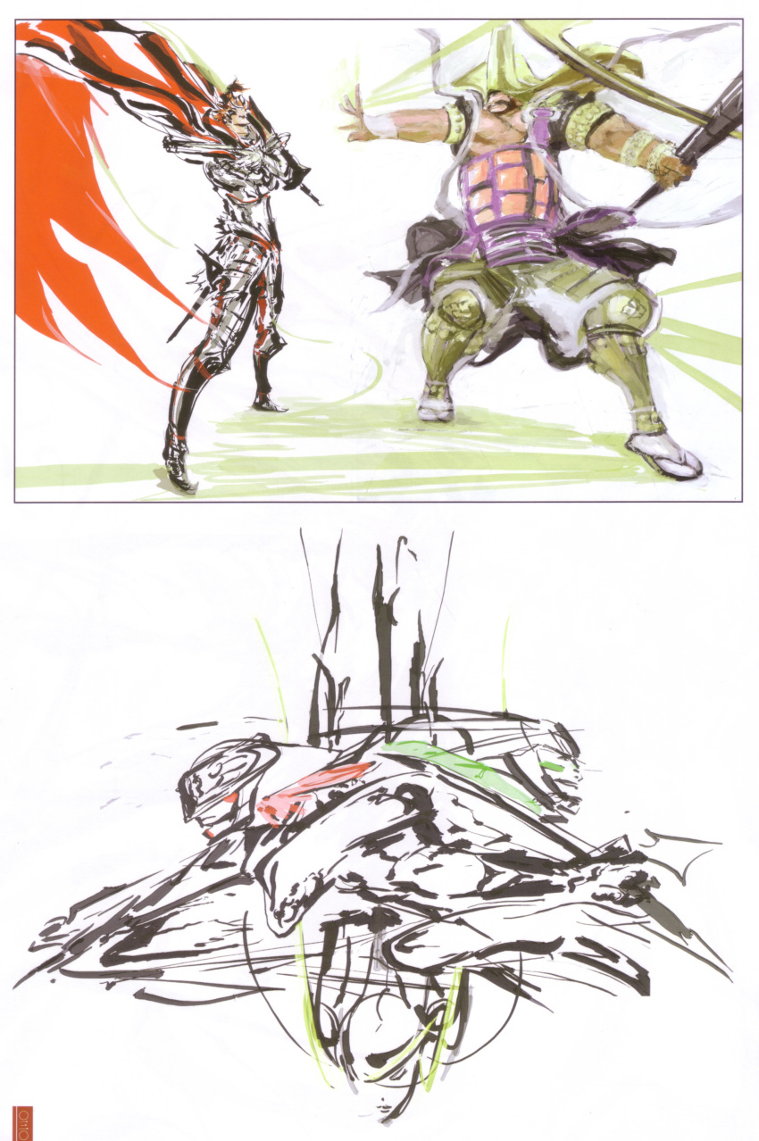 00s, 1girl, 4boys, absurdres, armor, cape, fuuma_kotarou_(sengoku_basara), highres, honganji_kennyo, kasuga_(sengoku_basara), multiple_boys, oda_nobunaga_(sengoku_basara), sarutobi_sasuke_(sengoku_basara), sengoku_basara, staff, tsuchibayashi_makoto