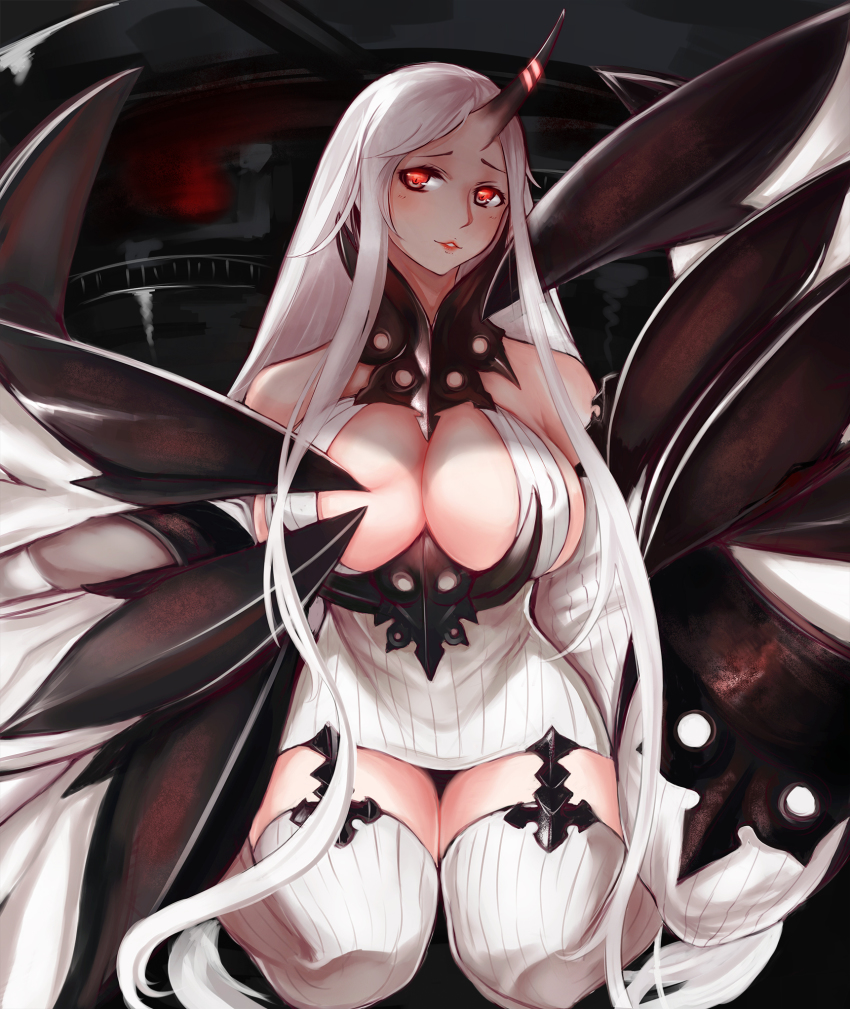 10s, 1girl, abyssal_ship, bare_shoulders, blush, breasts, claws, cleavage