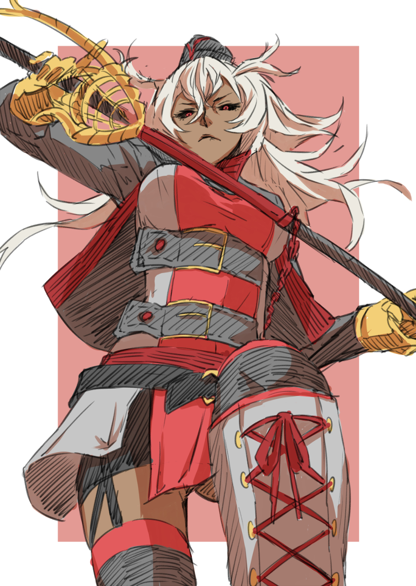 1girl, black_legwear, black_sclera, boots, border, cape, colored_sclera, dark-skinned_female