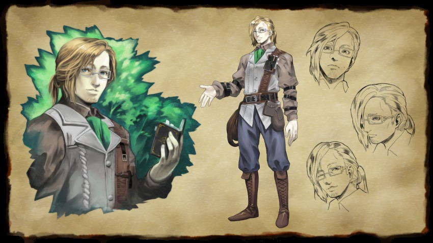 1boy, blonde_hair, bloodstained:_ritual_of_the_night, bloodstained_(series), blue_eyes, boots, concept_art, glasses