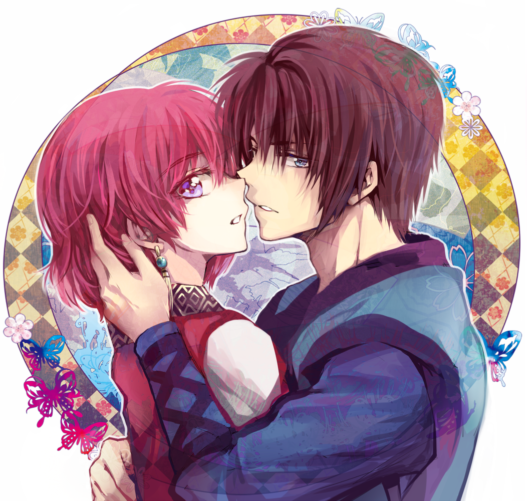 1boy, 1girl, akatsuki_no_yona, black_hair, blue_eyes, brown_hair, bug, butterfly