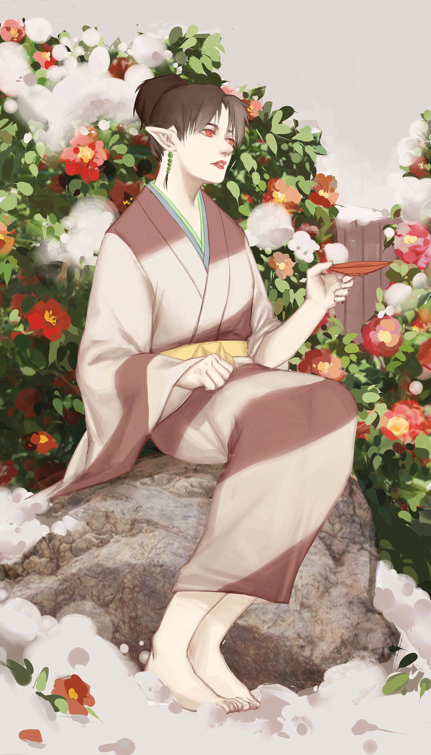 1girl, absurdres, alcohol, barefoot, camellia, cup, demon, demon_girl