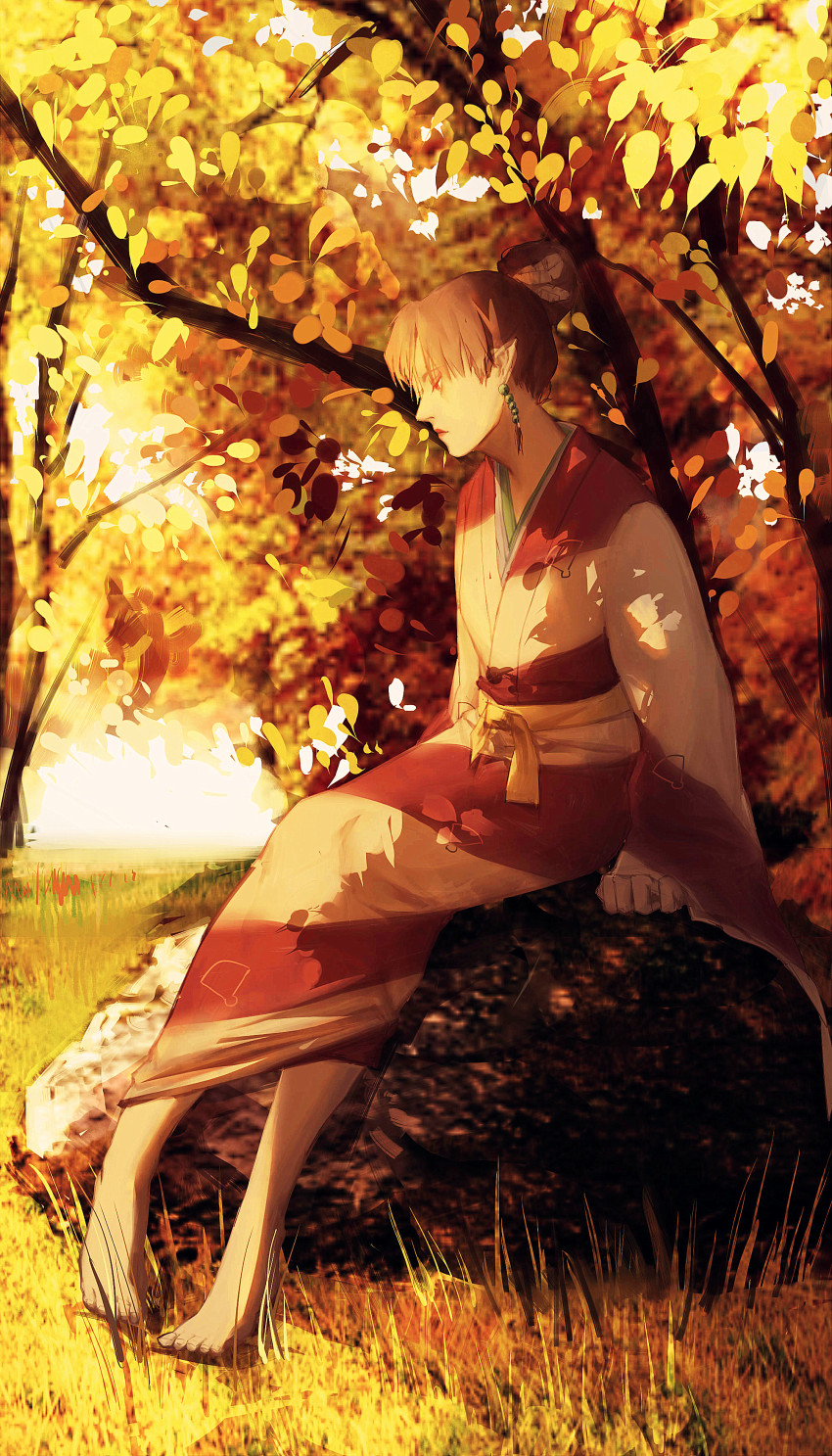 1girl, absurdres, autumn, autumn_leaves, barefoot, demon, demon_girl, earrings