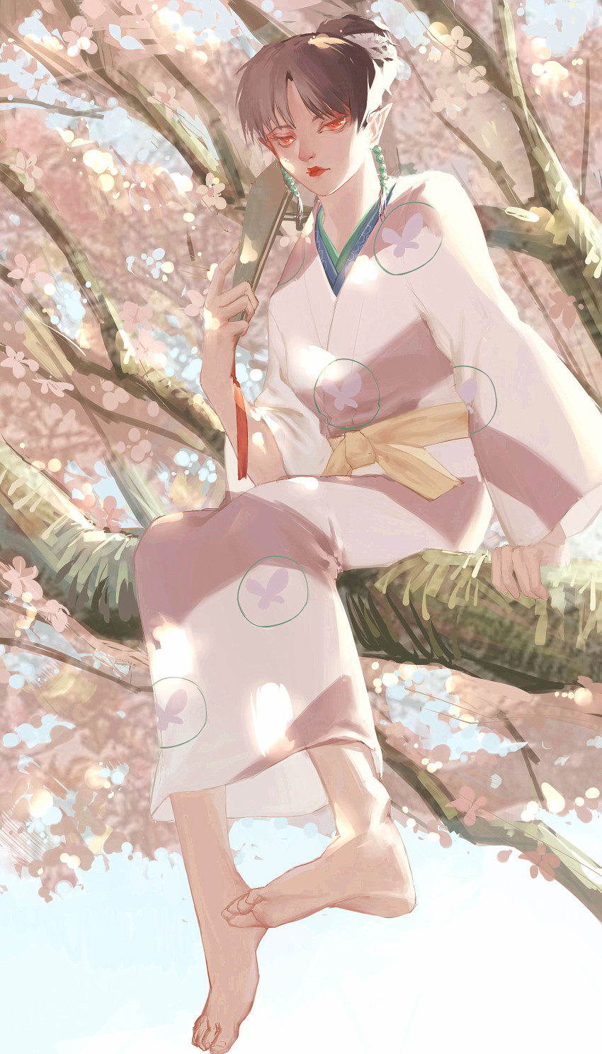 1girl, absurdres, barefoot, beads, branch, cherry_blossoms, demon, demon_girl, earrings, expressionless, feet, female_focus, folding_fan, foot_dangle, full_body, hair_bun, hand_fan, highres, holding, holding_fan, in_tree, inuyasha, japanese_clothes, jewelry, kagura_(inuyasha), kimono, lips, lipstick, looking_at_viewer, makeup, pointy_ears, qi_hui, red_eyes, red_lips, sash, short_hair, single_hair_bun, sitting, sitting_in_tree, soles, solo, spring_(season), tassel, toes, tree