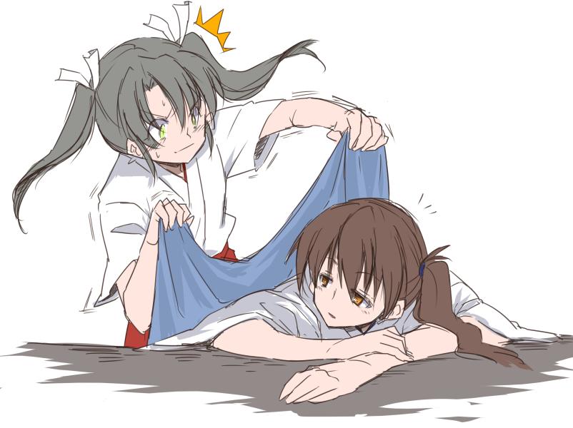 10s, 2girls, bad_id, bad_twitter_id, blanket, brown_hair, caught, covering_with_blanket