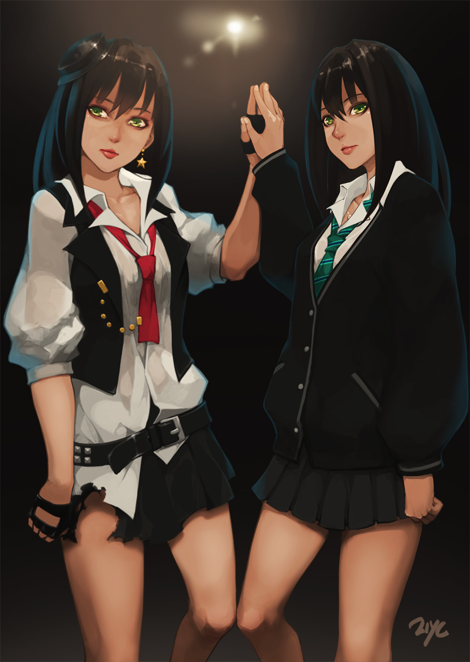 +21yc_(september_breeze), 10s, 1girl, 21yc_(september_breeze), belt, brown_hair, cardigan, dual_persona, earrings, fingerless_gloves, gloves, green_eyes, hat, highres, holding_hands, idolmaster, idolmaster_cinderella_girls, jewelry, lips, long_hair, necklace, necktie, pleated_skirt, rocking_school, school_uniform, shibuya_rin, skirt, square-end_necktie, star_(symbol), star_earrings, striped_clothes, striped_necktie, vest