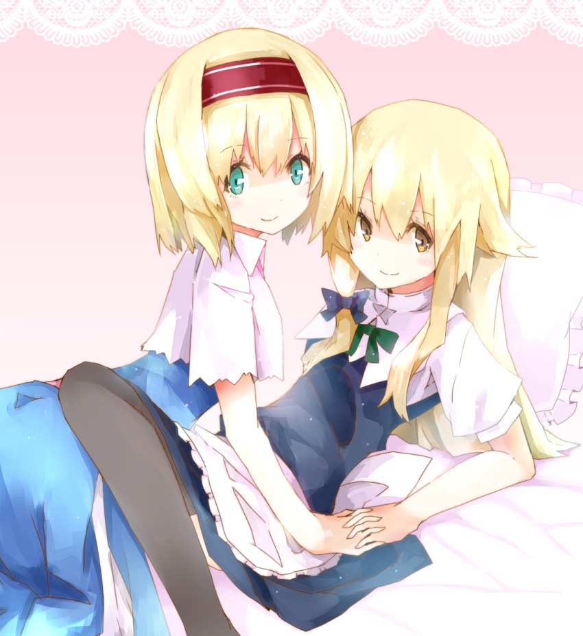 2girls, alice_margatroid, apron, bad_id, bad_pixiv_id, blonde_hair, blue_eyes, blush