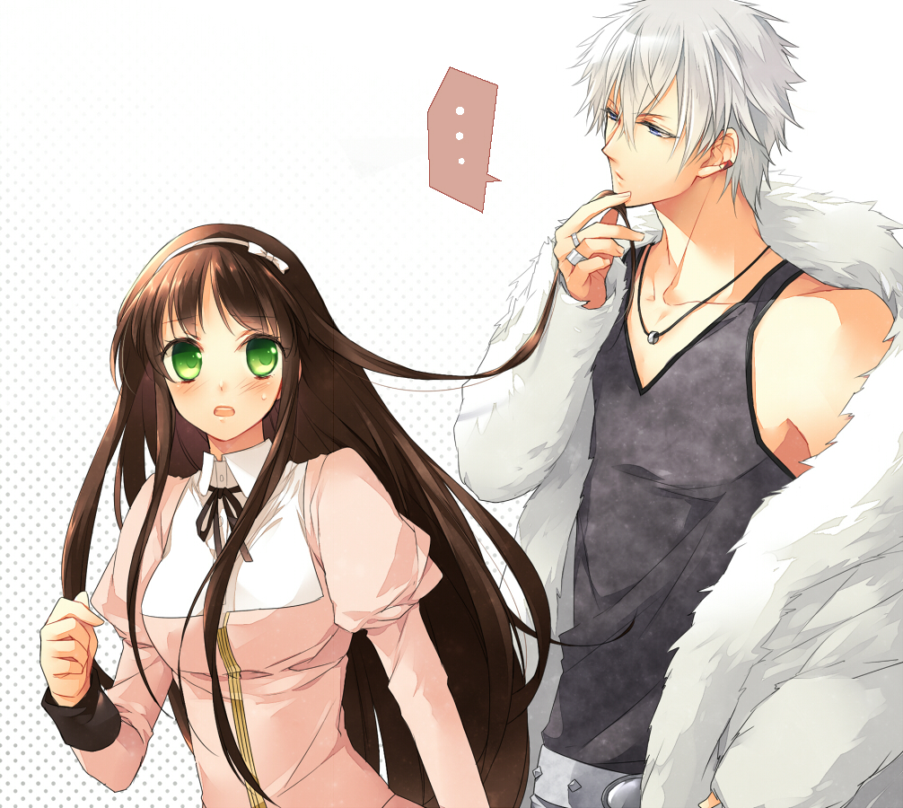 1boy, 1girl, bishop_(clock_zero), blue_eyes, blush, brown_hair, clock_zero, earrings, green_eyes, grey_hair, hairband, icylove, jewelry, juliet_sleeves, kurou_nadeshiko, long_hair, long_sleeves, necklace, open_mouth, puffy_sleeves, short_hair, very_long_hair