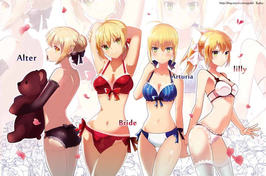 10s, 4girls, alternate_costume, armpits, arms_behind_head, arms_up, artoria_pendragon_(fate), ass, bad_id, bad_pixiv_id, blonde_hair, bra, breasts, cleavage, fate/extra, fate/extra_ccc, fate/stay_night, fate/unlimited_codes, fate_(series), green_eyes, hair_ribbon, highres, jeran_(ggokd), looking_at_viewer, midriff, modern_drawing_style, multiple_girls, navel, nero_claudius_(bride)_(fate), nero_claudius_(fate), nero_claudius_(fate/extra), no_bra, panties, petals, ponytail, ribbon, saber_(fate), saber_alter, saber_lily, shiny_skin, smile, stuffed_animal, stuffed_toy, teddy_bear, thigh_gap, thighhighs, topless_female, underwear, underwear_only, white_legwear, yellow_eyes, zoom_layer