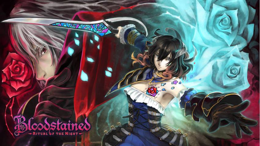 1boy, 1girl, black_hair, bloodstained:_ritual_of_the_night, bloodstained_(series), blue_eyes, brown_hair, copyright_name