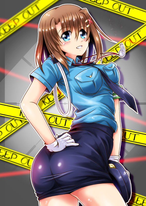 1girl, ass, blue_eyes, blush, brown_hair, caution_tape, cosplay, dress_shirt, female_focus, from_side, gloves, grin, hair_ornament, hairclip, hand_on_own_ass, hand_on_own_hip, hat, holding, holding_unworn_clothes, holding_unworn_hat, keep_out, long_sleeves, looking_at_viewer, looking_back, lyrical_nanoha, mahou_senki_lyrical_nanoha_force, miniskirt, necktie, peaked_cap, pencil_skirt, police, police_uniform, san-pon, shirt, short_hair, skirt, smile, solo, standing, unworn_hat, unworn_headwear, whistle, white_gloves, x_hair_ornament, yagami_hayate