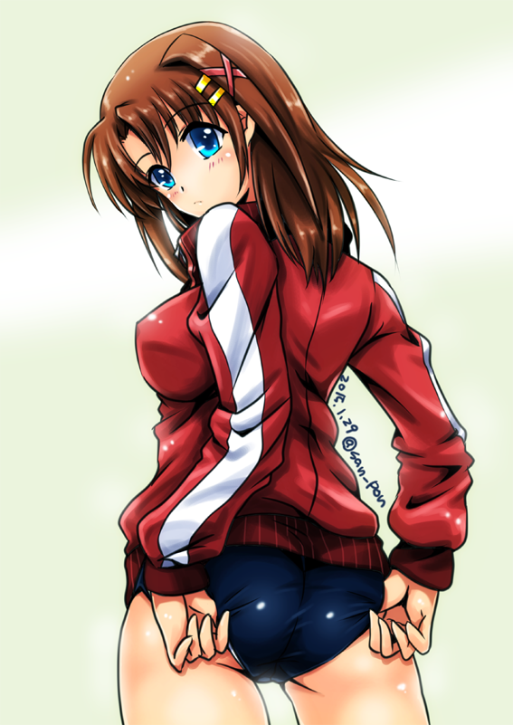 1girl, adjusting_buruma, adjusting_clothes, ass, back, blue_eyes, blush, brown_hair