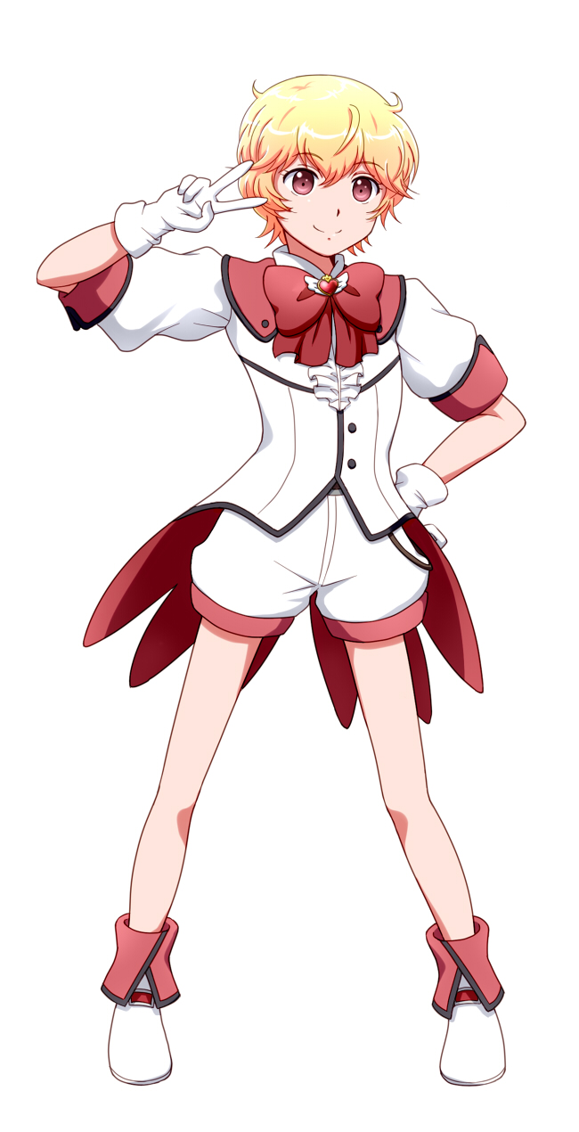 10s, 1boy, binan_koukou_chikyuu_bouei-bu_love!, blonde_hair, full_body, gloves, hakone_yumoto, highres, hoshizukuyo, magical_boy, male_focus, red_eyes, short_hair, shorts, simple_background, smile, solo, white_background