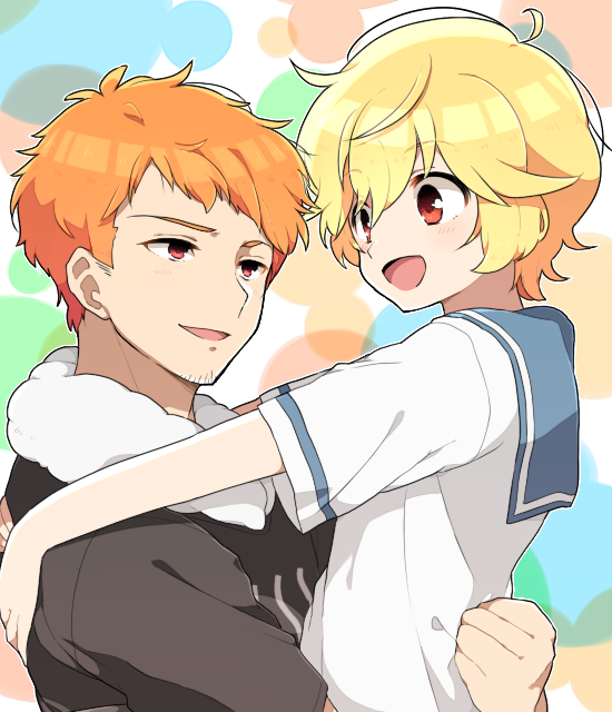 10s, 2boys, binan_koukou_chikyuu_bouei-bu_love!, blonde_hair, blush, brothers, facial_hair, goatee, hakone_goura, hakone_yumoto, hug, itukik, male_focus, multiple_boys, open_mouth, orange_hair, red_eyes, sailor_collar, short_hair, siblings, smile
