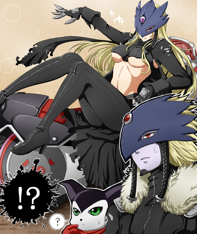 !?, 1boy, 1girl, ?, bandai, beelstarmon, beelzebumon, behemoth_(digimon), biker_clothes, black_cape, black_footwear, black_gloves, blonde_hair, boots, breasts, cape, claws, curvy, demon, digimon, digimon_(creature), domino_mask, eye_mask, fang, fur_trim, gloves, green_eyes, gun, helmet, high_heel_boots, high_heels, impmon, long_hair, long_sleeves, looking_at_viewer, mask, medium_breasts, midriff, monster_boy, monster_girl, motor_vehicle, motorcycle, navel, nue_(himetemari), pale_skin, parted_lips, pink_eyes, red_eyes, red_scarf, revealing_clothes, scarf, seven_great_demon_lords, sitting, sitting_on_object, smile, sparkle, spoken_question_mark, stomach, sweat, thigh_boots, thighhighs, third_eye, torn_cape, torn_clothes, underboob, weapon, zipper