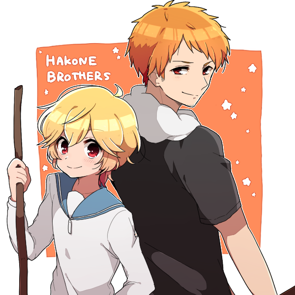 10s, 2boys, binan_koukou_chikyuu_bouei-bu_love!, blonde_hair, blush, brothers, character_name, facial_hair, gloves, goatee, hakone_goura, hakone_yumoto, itukik, male_focus, multiple_boys, orange_hair, red_eyes, sailor_collar, short_hair, siblings, smile