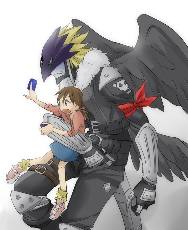 00s, 1boy, 1girl, ai_(digimon), beelzebumon, beelzebumon_blast_mode, black_wings, blonde_hair