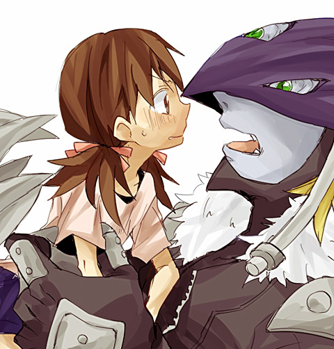 00s, 1boy, 1girl, ai_(digimon), beelzebumon, beelzebumon_blast_mode, blonde_hair, brown_hair