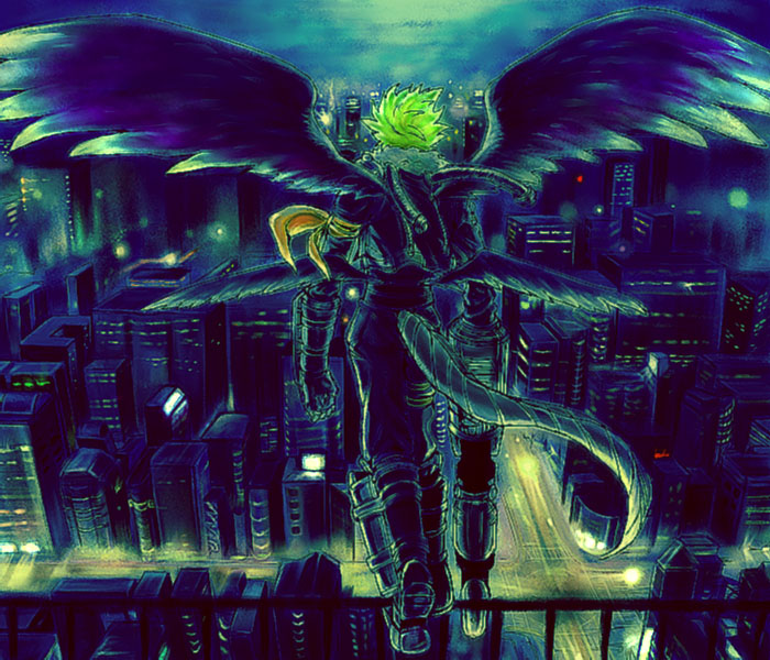 1boy, bandai, beelzebumon, beelzebumon_blast_mode, black_wings, blonde_hair, city, daizu_(npl)