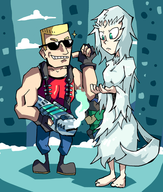 1girl, 2boys, ammunition_belt, aqua_eyes, biceps, blonde_hair, boots, dark_souls_(series), dark_souls_i, doom_(series), doomguy, duke_nukem, duke_nukem_(character), fingerless_gloves, fluffy, gloves, grin, multiple_boys, muscular, priscilla_the_crossbreed, setz, shrink_gun, shrink_ray, smile, sparkle, tail, white_hair